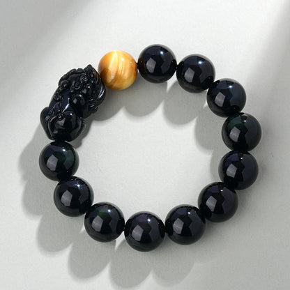 Natural Rainbow Eye Obsidian Pixiu Bracelet - Wealth and Protection Talisman for Couples