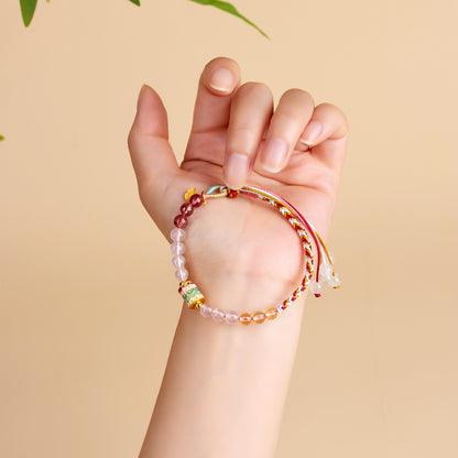 Natural Pink Yellow Strawberry Crystal Woven Bracelet | Harmony Energy & Good Fortune Charm