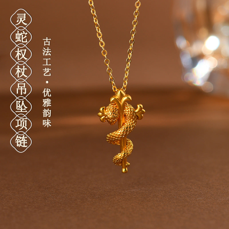 Golden Snake Scepter Pendant Necklace - Chinese Zodiac Snake Year Blessing Chain
