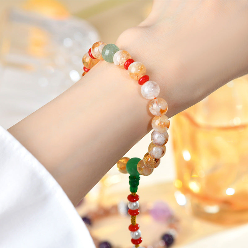 Yellow Pagoda and Green Strawberry Crystal Bracelet | Natural Energy & Mystical Fashion