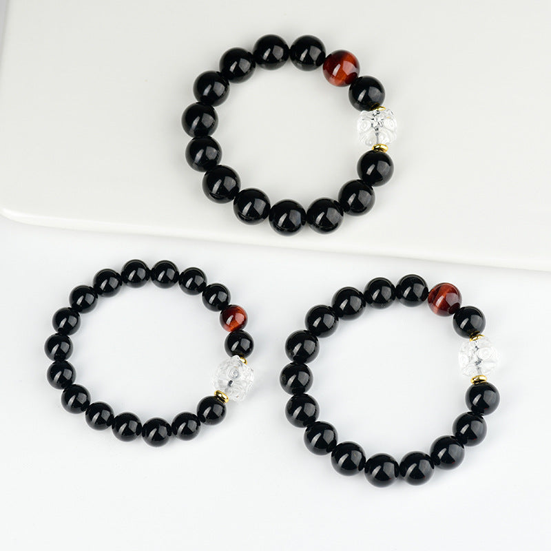 Natural Obsidian Bracelet with White Crystal Lion Awakening - Unisex Spiritual Protection Beaded Jewelry