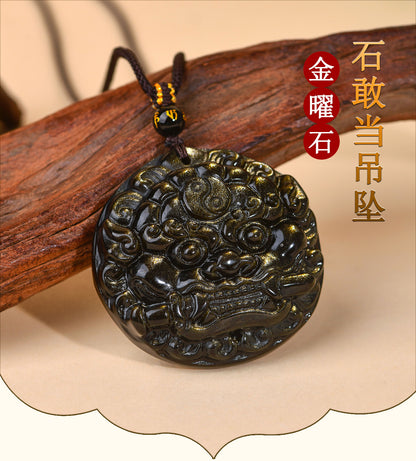 Golden Obsidian Bagua Pixiu Pendant Necklace - Spiritual Protection & Wealth