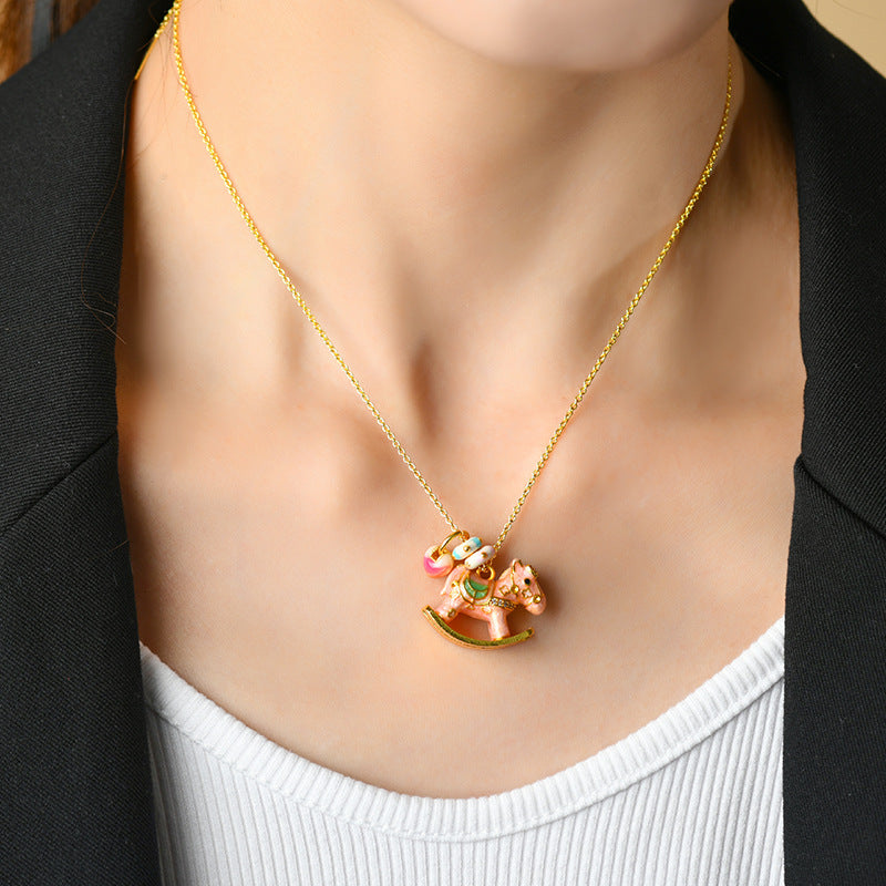 Vintage Blue Enamel Rocking Horse Pendant Necklace - Nostalgic Clavicle Chain for Protection and Joy