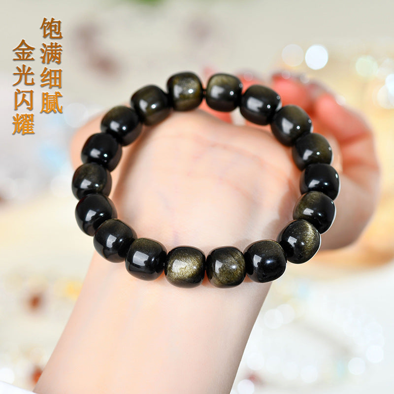 Natural Gold Obsidian Cat's Eye Bracelet | Ancient Chinese Style Buddhist Beads for Unisex