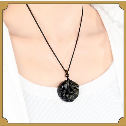 Natural Gold Obsidian Pixiu Pendant - Lucky Charm Necklace for Wealth and Protection