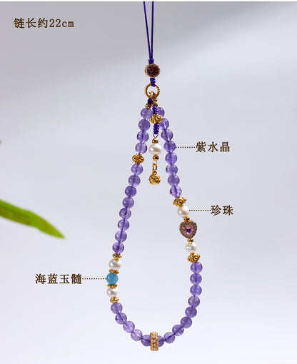 Natural Amethyst Pearl Phone Chain - Chinese Style Feng Shui Pendant for Protection and Luck