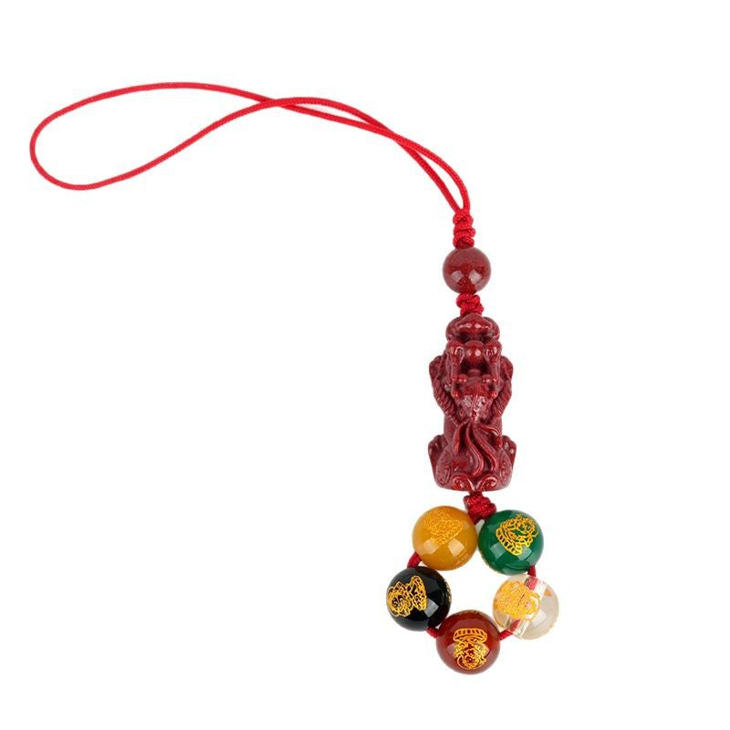 Natural Purple Gold Cinnabar Pixiu Five Road God of Wealth Pendant for Phone and Keys