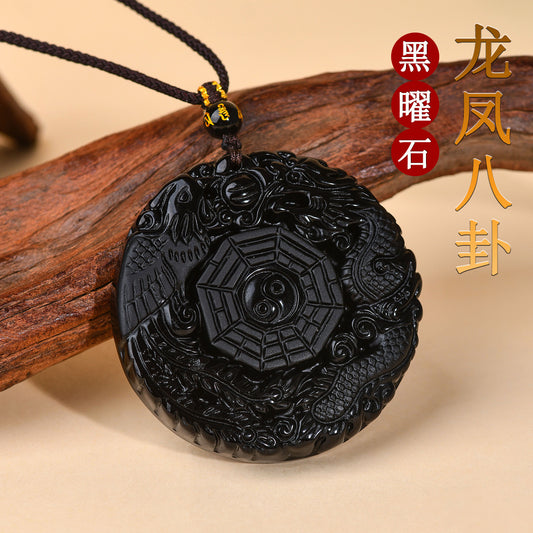 Natural Obsidian Dragon Phoenix Tai Chi Bagua Round Pendant Necklace - Harmony & Protection Amulet