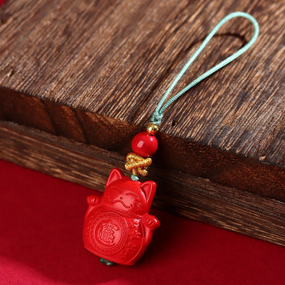 Natural High Content Cinnabar Lucky Cat Charm - Imperial Red Sand Phone Pendant for Wealth & Protection