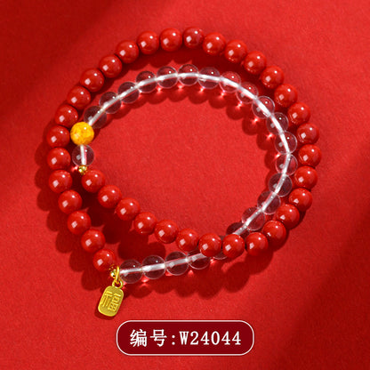 Natural Cinnabar Purple Gold Sand White Crystal Double Circle Buddhist Bead Bracelet for Women