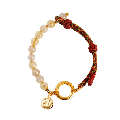 Golden Rutilated Quartz Braided Bracelet | Wealth & Luck Amulet in Chinese Style