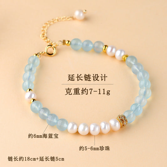Natural Crystal Aquamarine Pearl Bracelet | Spiritual Harmony & Wealth Attraction
