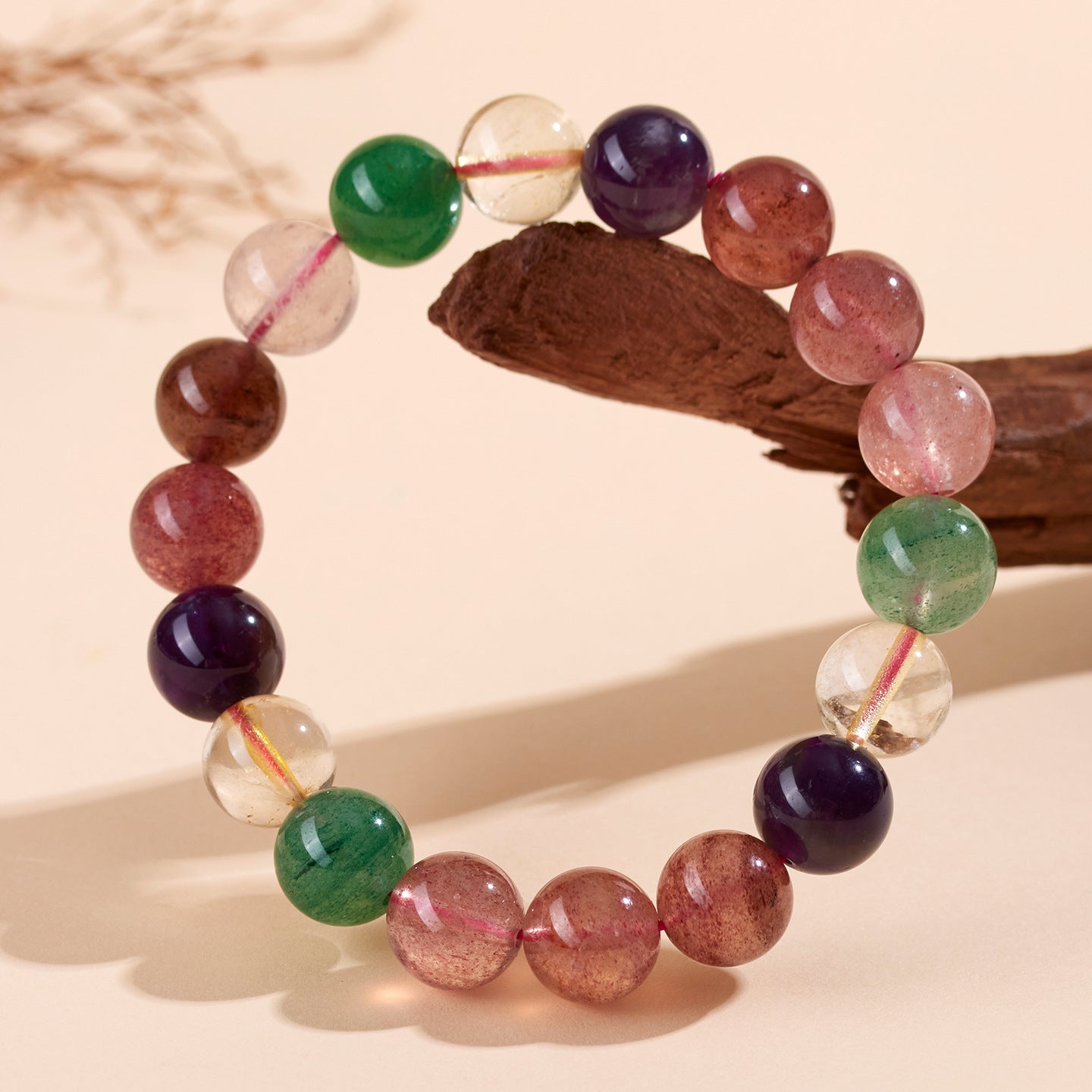 Strawberry Crystal Super Seven Single Circle Bracelet - Natural Energy Charm for Women