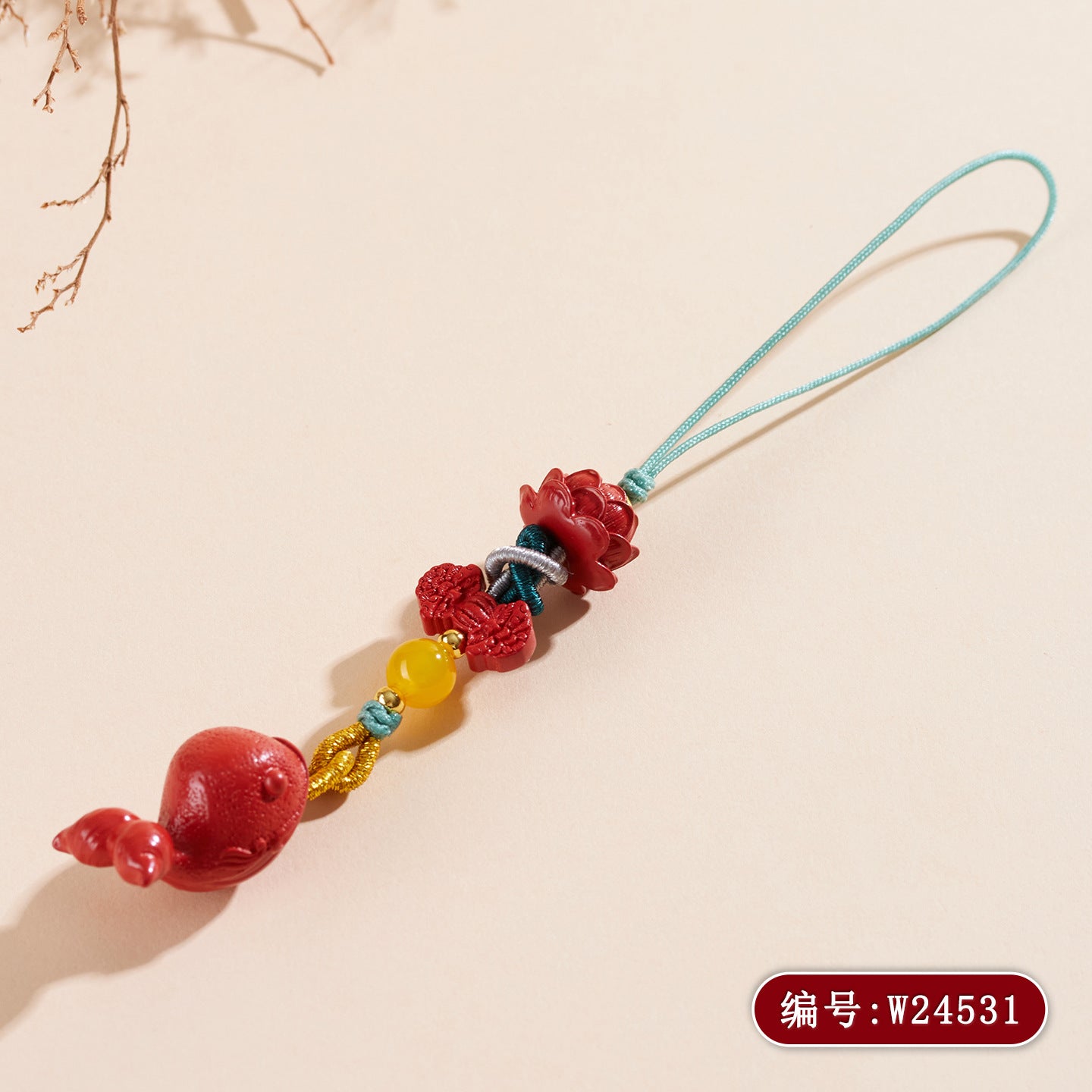 Imperial Red Cinnabar Whale Phone Chain Pendant with Lotus Keychain - Spiritual Guardian & Wealth Attractor