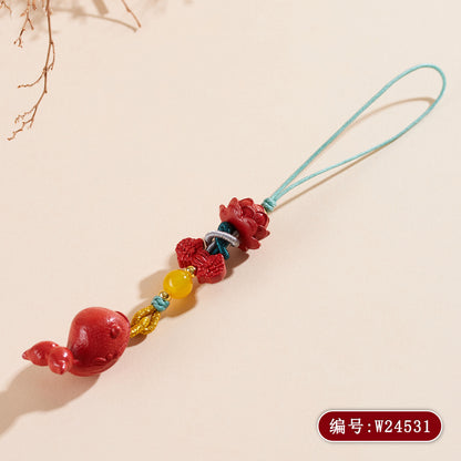 Imperial Red Cinnabar Whale Phone Chain Pendant with Lotus Keychain - Spiritual Guardian & Wealth Attractor