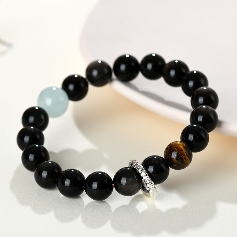 Natural Crystal Silver Obsidian Aquamarine Tiger Eye Bracelet - Women's Mystical Protection & Luck Charm