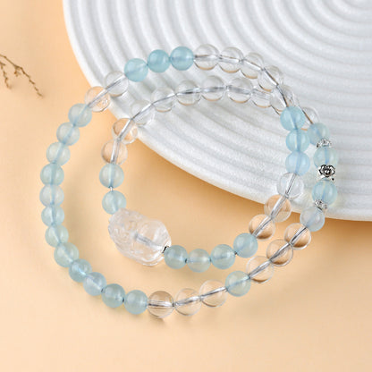 Natural Aquamarine and White Crystal Pixiu Double Circle Bracelet - Spiritual Elegance for Women