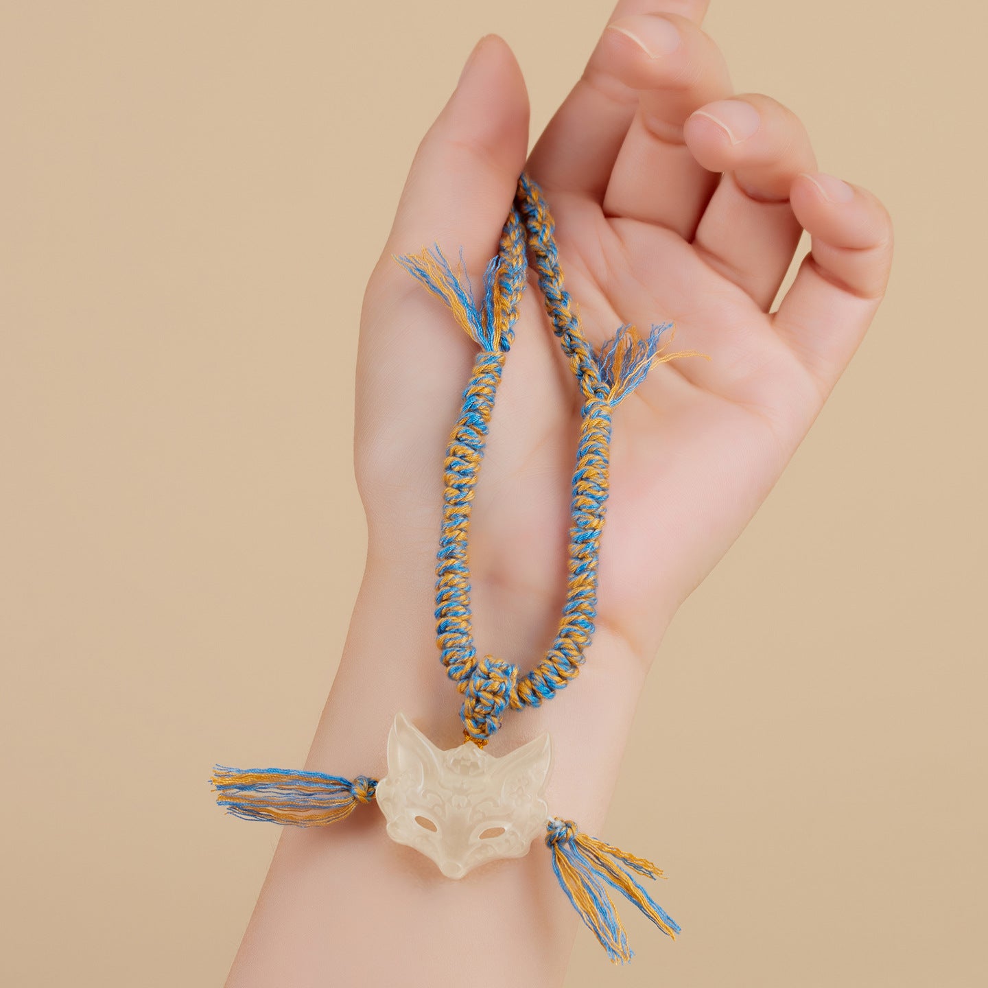 Natural Yellow Crystal Fox Mask Pendant Tibetan Necklace - Wisdom & Prosperity Amulet