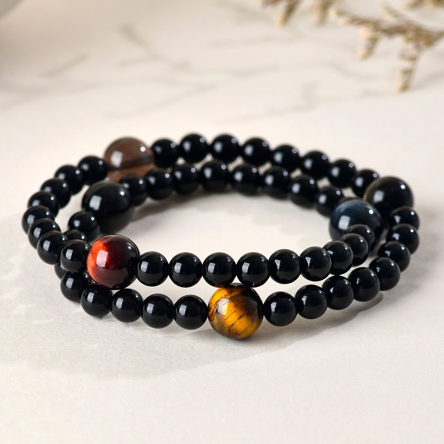 Natural Obsidian Tiger Eye Stone Double Circle Bracelet Personality Trendy Planet Universe Unisex Internet Hot Item Bracelet