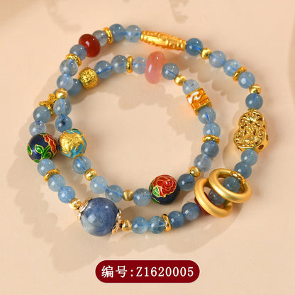 Natural Aquamarine Kyanite Double Circle Bracelet with Southern Red Agate Peace Buckle - Women's Spiritual Elegance