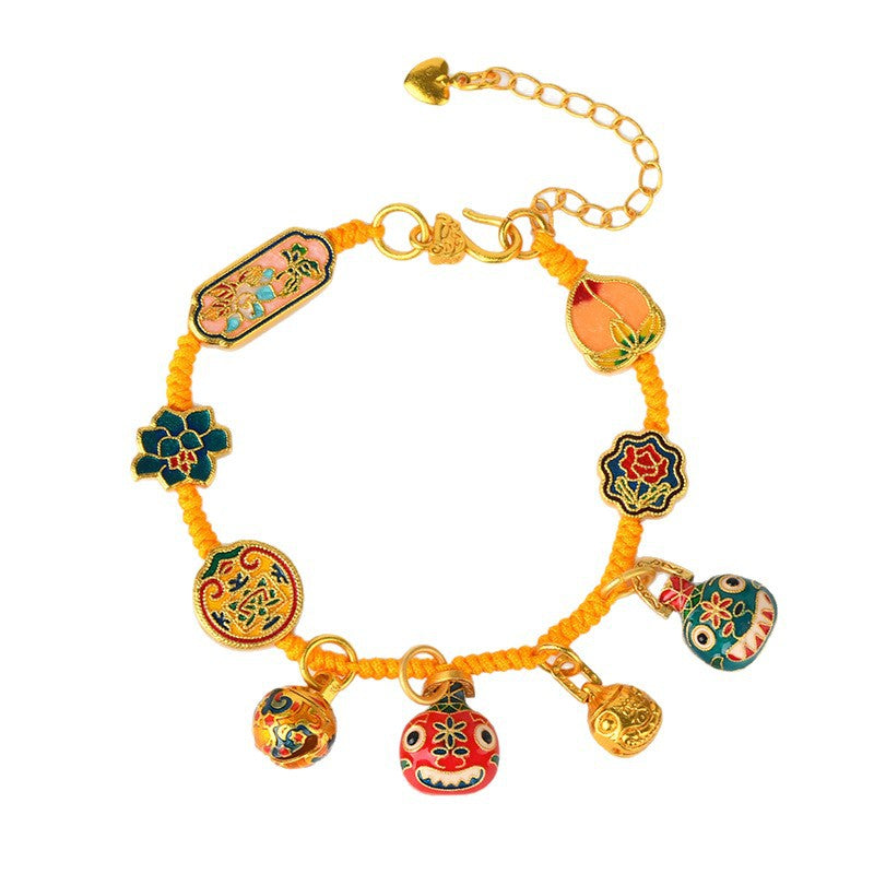Gold-Plated Blue Enamel Gold-Swallowing Beast Family of Three Five-Way God of Wealth Hand-Woven Bracelet