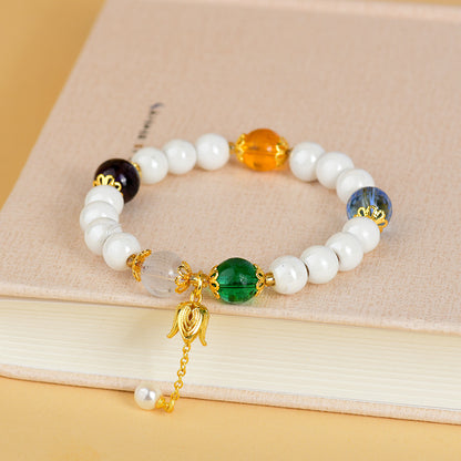 Five Elements Crystal Bracelet with White Porcelain Beads - Wealth, Wisdom & Healing Energy