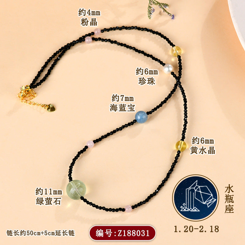 Twelve Zodiac Natural Crystal Multi-Gemstone Collarbone Necklace & Bracelet Set