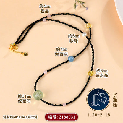 Twelve Zodiac Natural Crystal Multi-Gemstone Collarbone Necklace & Bracelet Set