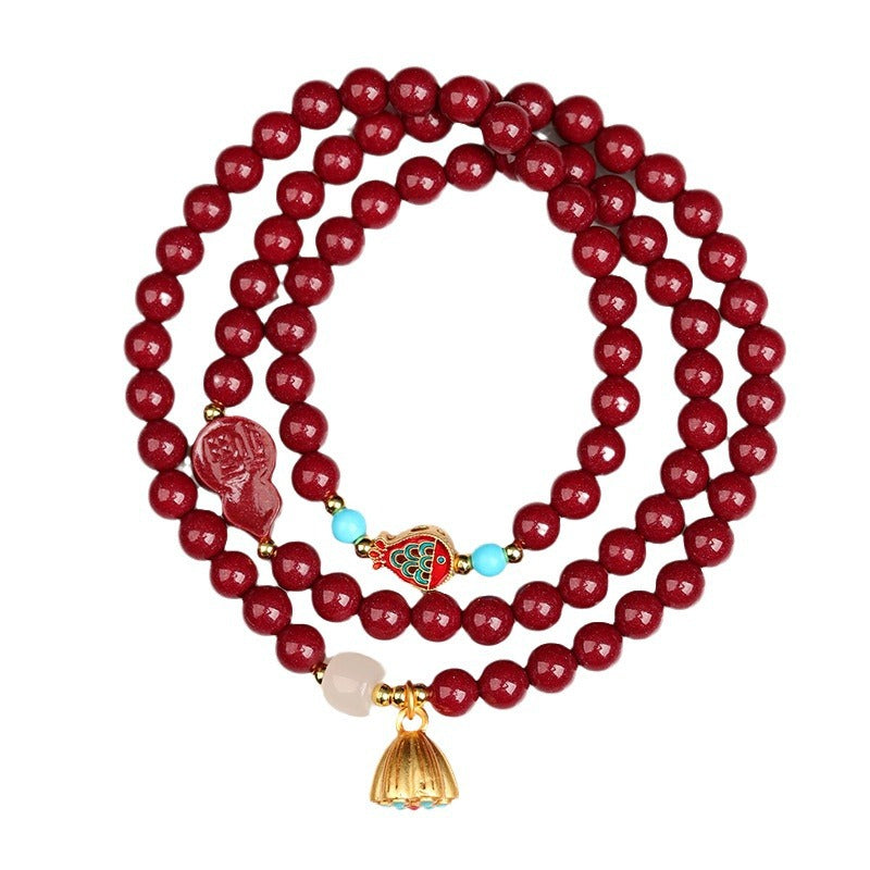 Natural Purple Gold Cinnabar Three-Circle Buddha Bead Bracelet with Lotus Pod Pendant