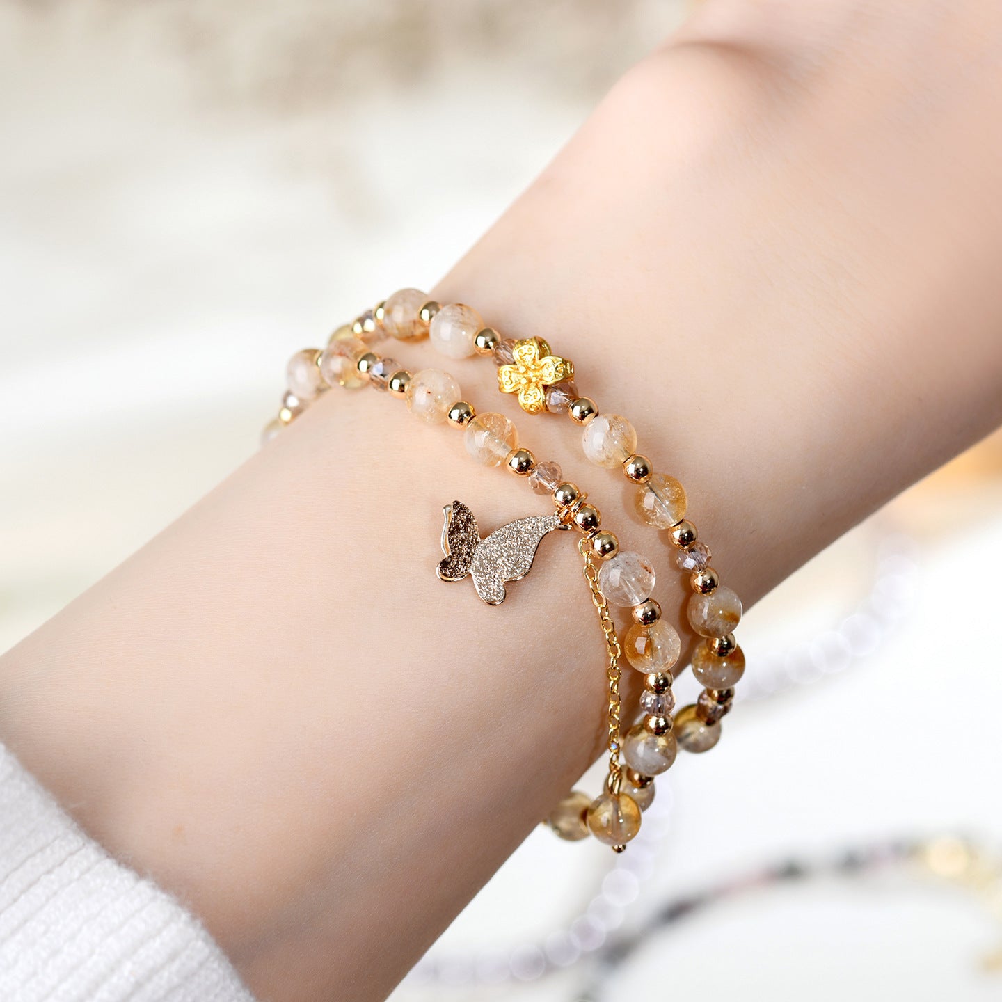 Natural Yellow Pagoda Crystal Butterfly Tassel Double Circle Bracelet for Women