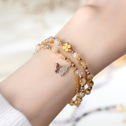 Natural Yellow Pagoda Crystal Butterfly Tassel Double Circle Bracelet for Women