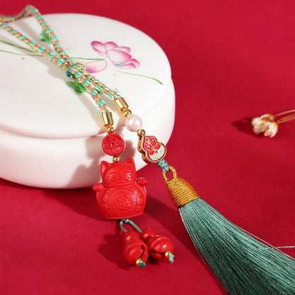 Natural High Content Cinnabar Lucky Cat Pendant - Fortune Attractor for Car and Keychain