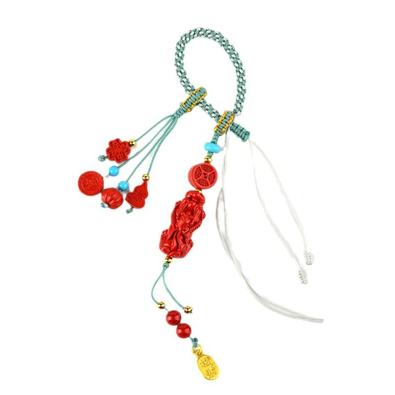 Natural Imperial Red Cinnabar Pixiu Keychain - Wealth Attracting Handwoven Amulet