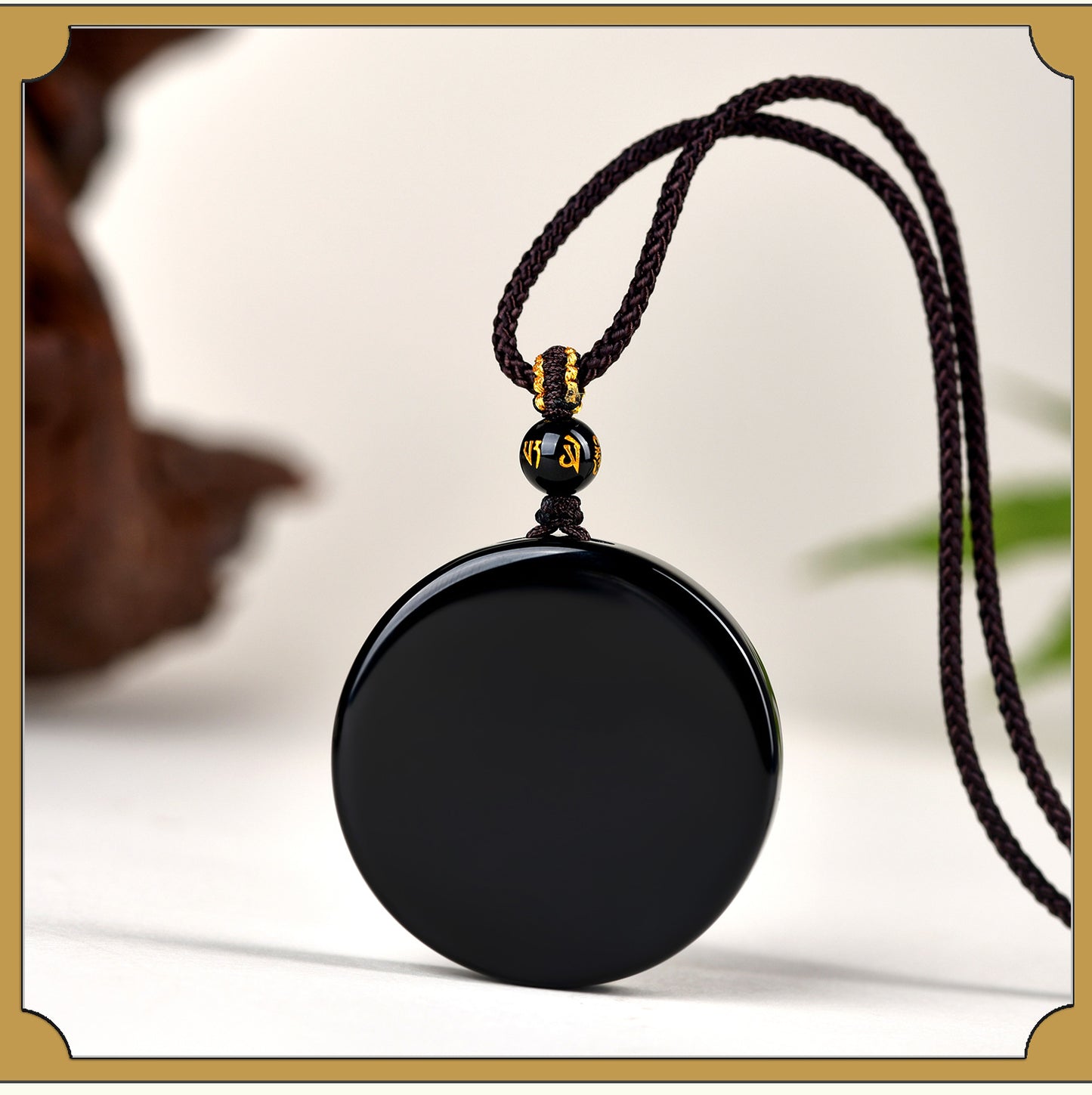 Natural Obsidian Round Pendant Necklace for Zodiac Year Protection and Peace