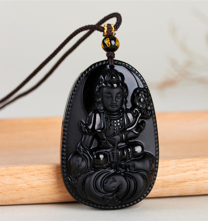 Natural Obsidian Zodiac Buddha Pendant with Eight Guardian Gods - Spiritual Protection Amulet