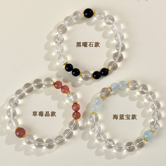 Natural Crystal Energy Bracelet with White Crystal, Obsidian, Strawberry Quartz, and Aquamarine | Spiritual Harmony & Protection