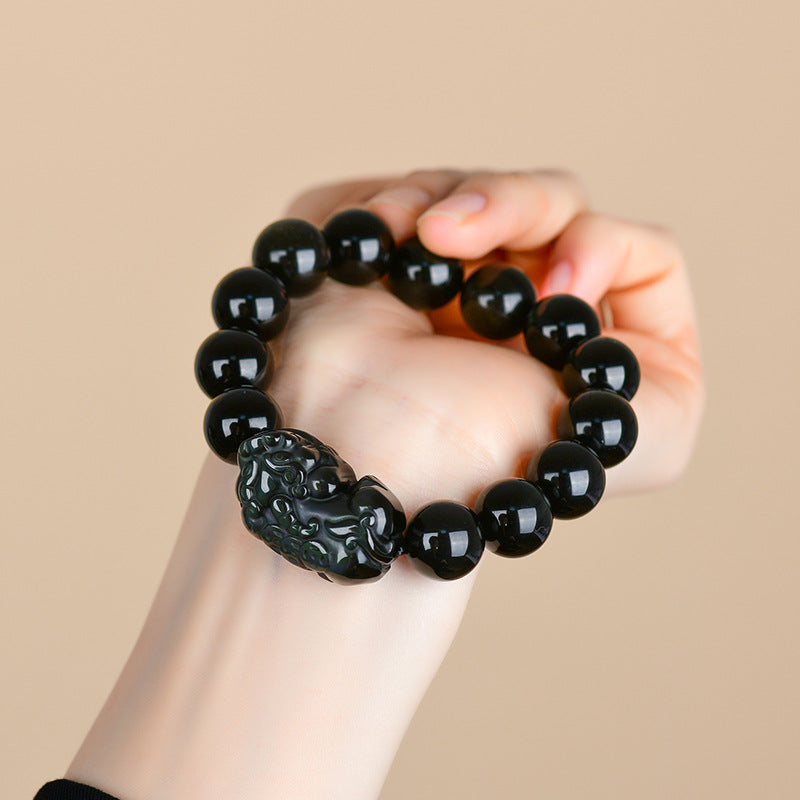 Natural Black Obsidian Pixiu Bracelet with Gold and Double Color Eye Beads - Wealth Protection Amulet for Couples