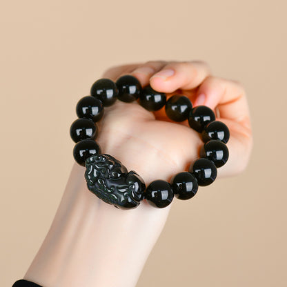 Natural Black Obsidian Pixiu Bracelet with Gold and Double Color Eye Beads - Wealth Protection Amulet for Couples
