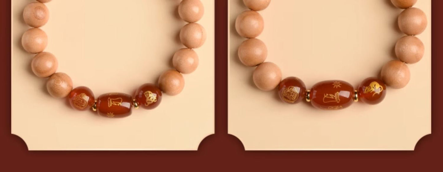 Ancient Peach Wood Cinnabar Zodiac Buddha Protection Bracelet for Harmony