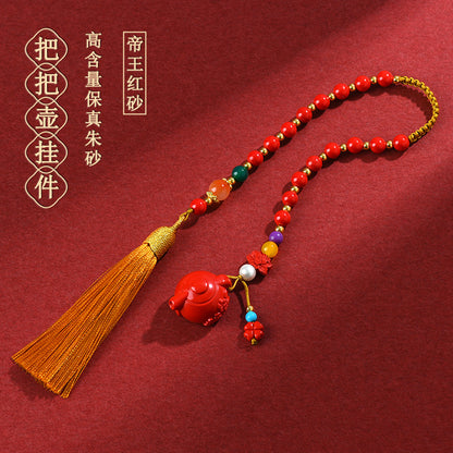 Imperial Red Cinnabar Teapot Car Pendant - Spiritual Protection & Wealth Charm