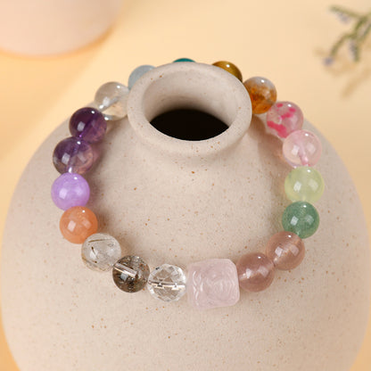 Natural Crystal Multi-Gem Rose Quartz Phoenix Peony Bracelet - Black Gold Super Seven Energy Talisman
