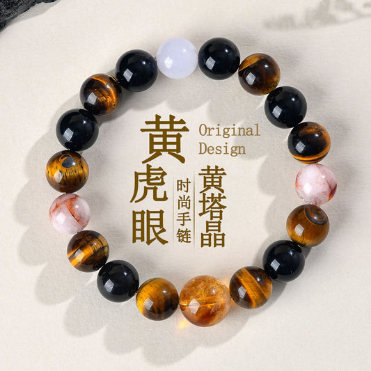 Natural Crystal Multi-Gem Bracelet with Yellow Tiger Eye and Obsidian - Spiritual Energy and Protection
