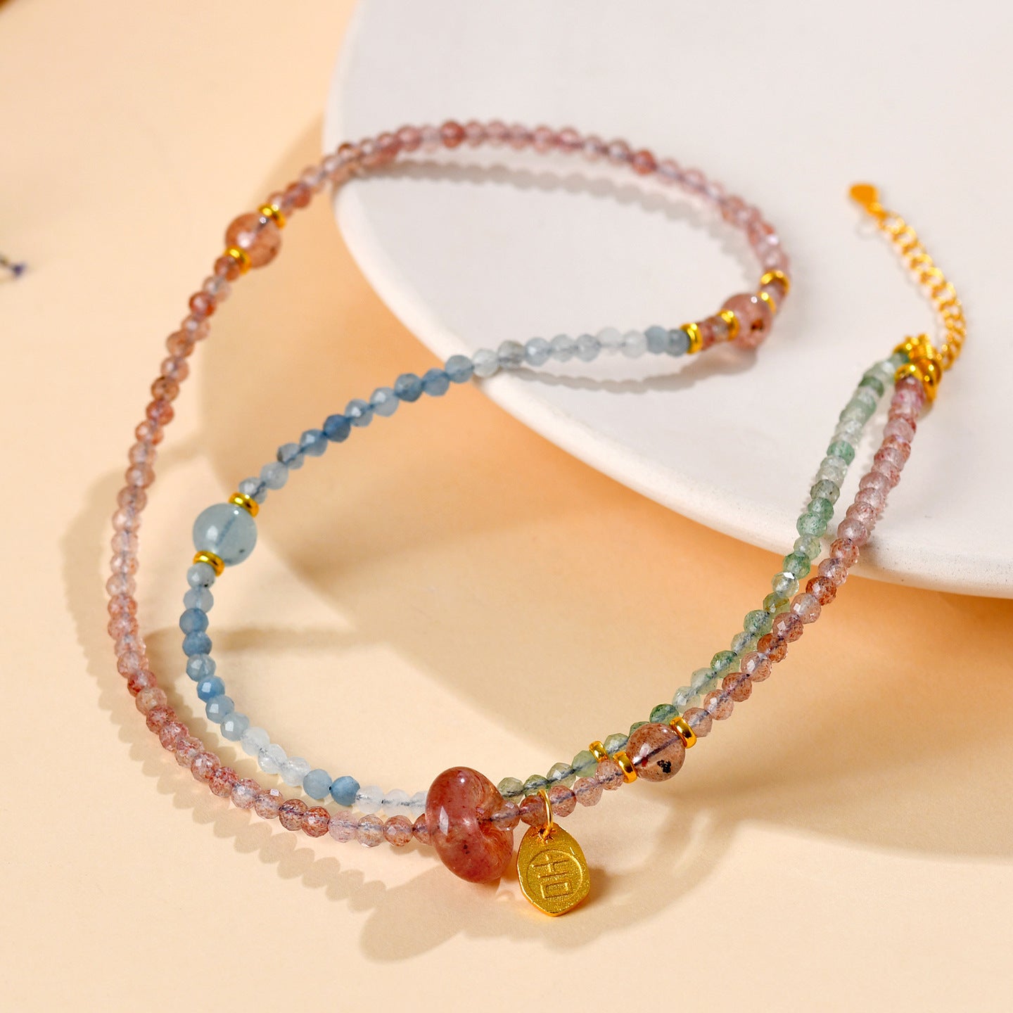 Natural Aquamarine Strawberry Crystal Collarbone Necklace | Elegant Protection & Luck Charm