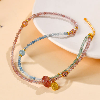 Natural Aquamarine Strawberry Crystal Collarbone Necklace | Elegant Protection & Luck Charm