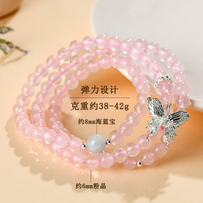 Natural Pink Quartz Aquamarine Butterfly Three-Circle Love Bracelet for Women