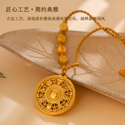Golden Eight Treasures Compass Pendant with Fu and Swastika Charm Necklace