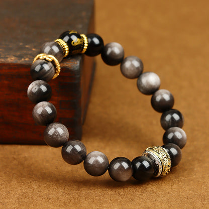 Wukong Themed Obsidian Red Agate Bracelet - Black Gold Silver Spiritual Couple's Jewelry