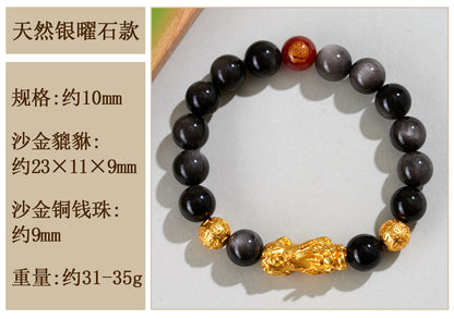 Natural Obsidian Gold Pixiu Zodiac Buddha Bracelet for Wealth Protection and Spiritual Harmony