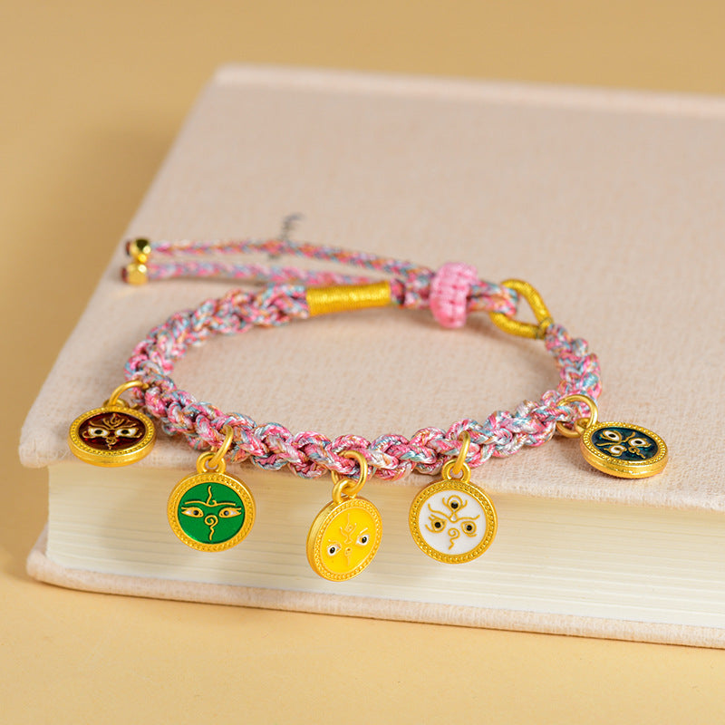 Handwoven Peach Blossom Knot Five-Way God of Wealth Tibetan Thangka Bracelet for Prosperity