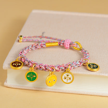 Handwoven Peach Blossom Knot Five-Way God of Wealth Tibetan Thangka Bracelet for Prosperity